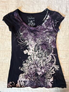 Archaic by Affliction Y2K Gothic Graphic Tee Black Purple Front Back Size S